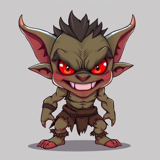 Goblin. Short. Muscular. Red eyes. Sharp teeth. Menacing grin.