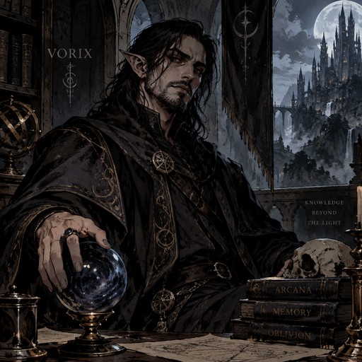 Vorix, high elf dark mysterious, robes, drown black hair a little scruffy, beard, arcana wizard, dungeons and dragons
