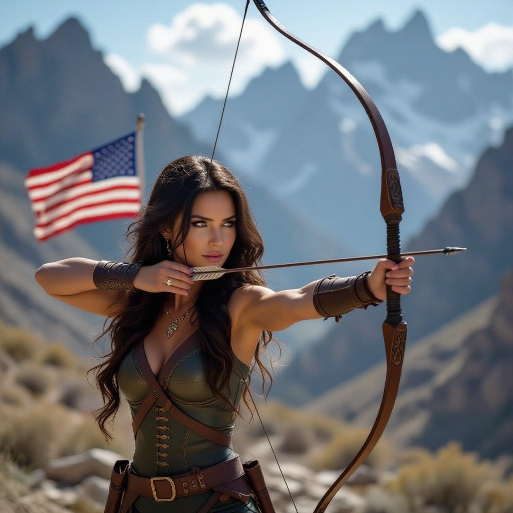 women long brown hair and brown eyes with a long bow in the mountains with the USA flag and marine flag 