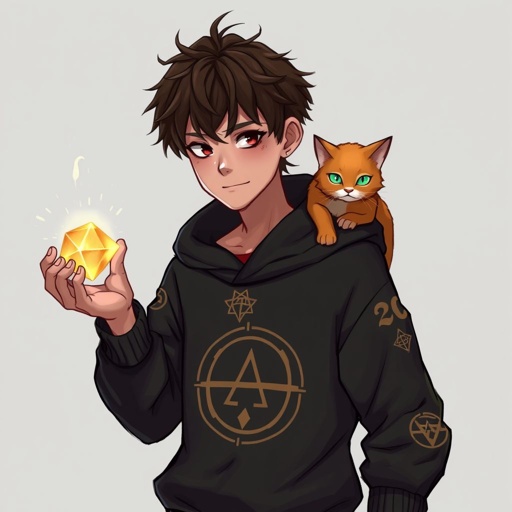 Guy with short dark brown hair with black sweatshirt. He has 1 orange cat on his right shoulder. He holds 2 epic looking 20 sides dice in left hand