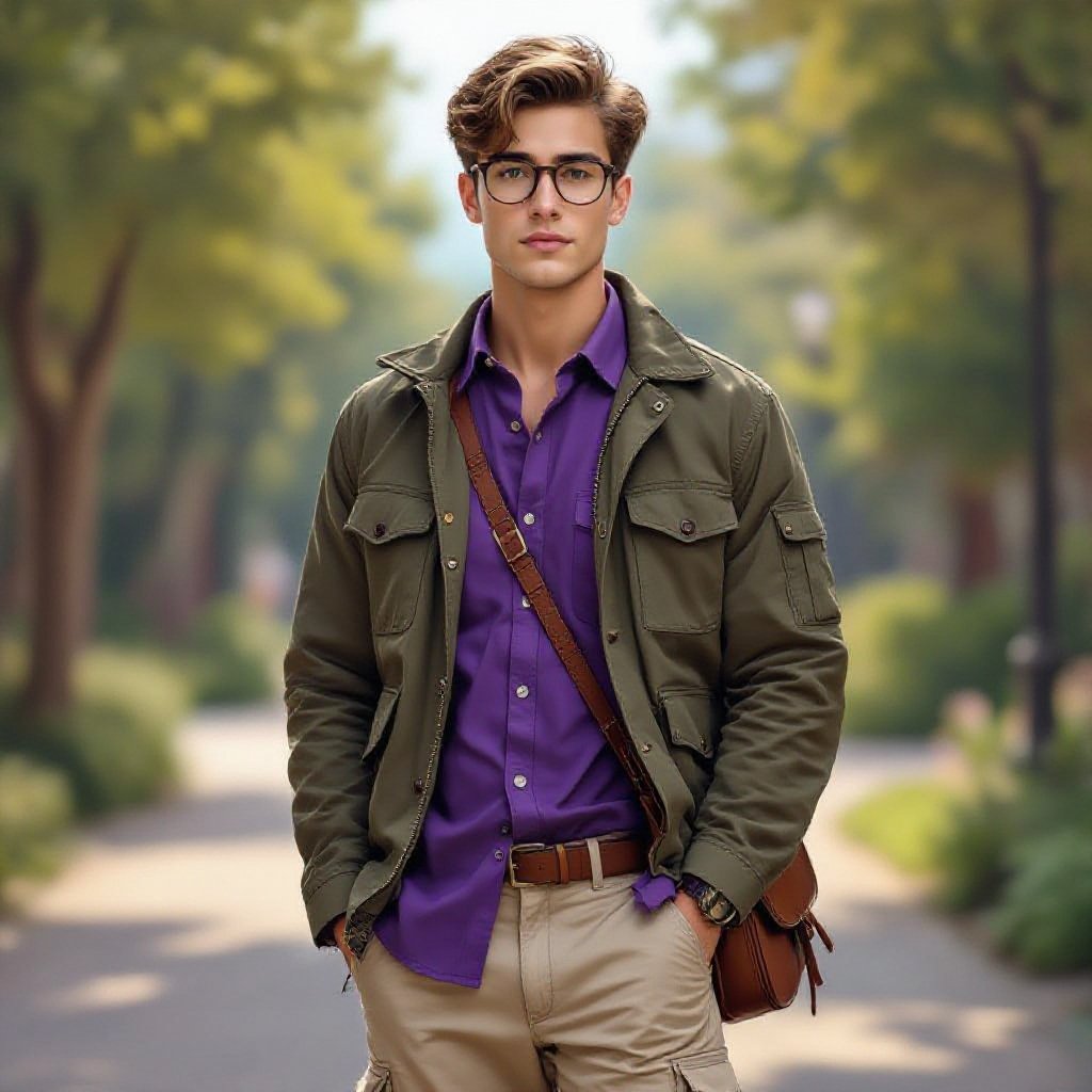 A 19 Year Old man in a Purple Hawaiian Button Up and Beige Cargo Pants. Short Light Brown Hair Glasses and Army Green Jacket and Brown Hiking Boots and a Brown Leather Saddleback, Standing in a Outdoor Walking Path