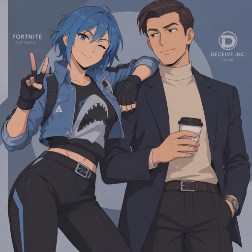 Light rider from Fortnite, neck length blue hair, cropped jean jacket black leggings, tshirt with shark on it, gloves, Squire from deceive inc wearing modern clothes