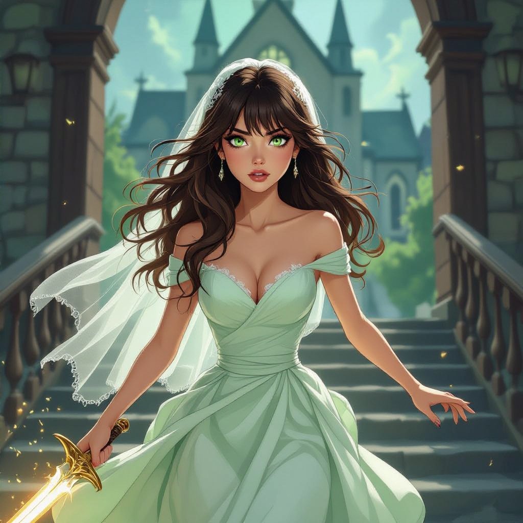 Młoda kobieta. Brązowe, długie, falowane włosy. Grzywka. Zielone, jasne, duże oczy. Wąskie usta. Blada cera. Pyzata, okrągła twarz.
Ubrana w jasną, zieloną suknie ślubną. Welon na głowie. Jest w trakcie ucieczki z kościoła. Zbiega po schodach, trzymając suknie, by się nie potknąć. Ucieka po schodach. W tle kościół z którego ucieka. Biegnie w bok ekranu. Patrzy za sobą. Odwraca wzrok w kierunku kościoła. Akcja w ruchu. Musi wyglądać jakby biegła. Schody bokiem ustawione do kamery. Kobieta bokiem do kamery. Odwraca głowę w kierunku kościoła. Kobieta jest wystraszona. Jej wzrok ucieka. W dłoni trzyma miecz. Jest wkurzona. Idzie walczyć z potworami.