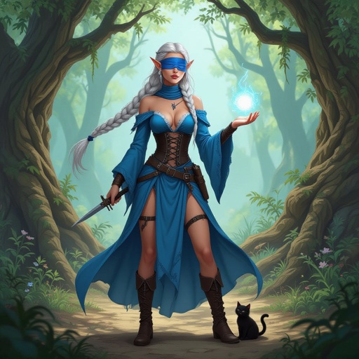 She is an Elvin wizard age 19. She is tan She is 5’6 and She has platinum hair that is long with some braids.She had a blue blind fold covering her eyes. She has scars on her face and neck. As well as the word freak carved into her chest the word is a small scar. She is wearing a blue dress to match the blind fold. The dress has two leg slits and is a corset she has flowy sleeves that cover her arms completely. Her left leg has a knife holder with a knife in it strapped to her leg. With her hand she is casting a small light ball. She has a small black cat by her feet. She is wearing boots to match the black corset. She is standing in the woods. The trees making an arch way behind her.