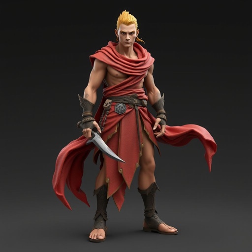 Create handsome hero  Rhen the Fire – A lean, muscular man. He wears layered, flowing desert robes dyed in warm reds and golds, with scorch marks where flames have licked them. A curved blade hangs at his hip.  Show whole body head to toe including her shoes.