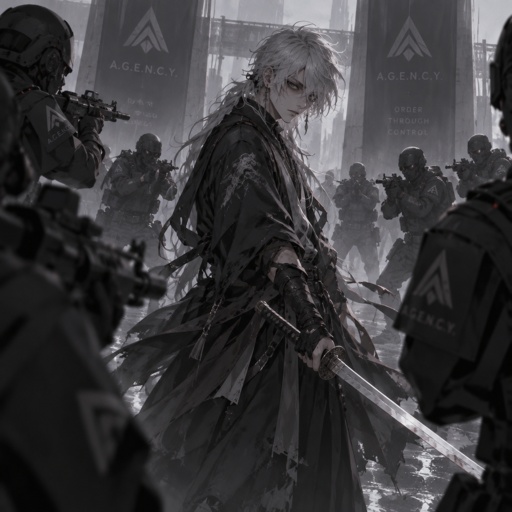 Anime style, male, name kai, highly skilled in fighting all fighting styles and weapons, long long white hair half in face, dark bags,white skin,earrings, history unknown,holding a sword,surrounded by the agency