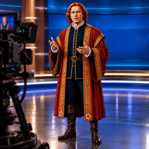 a man in a red robe standing in front of a camera
