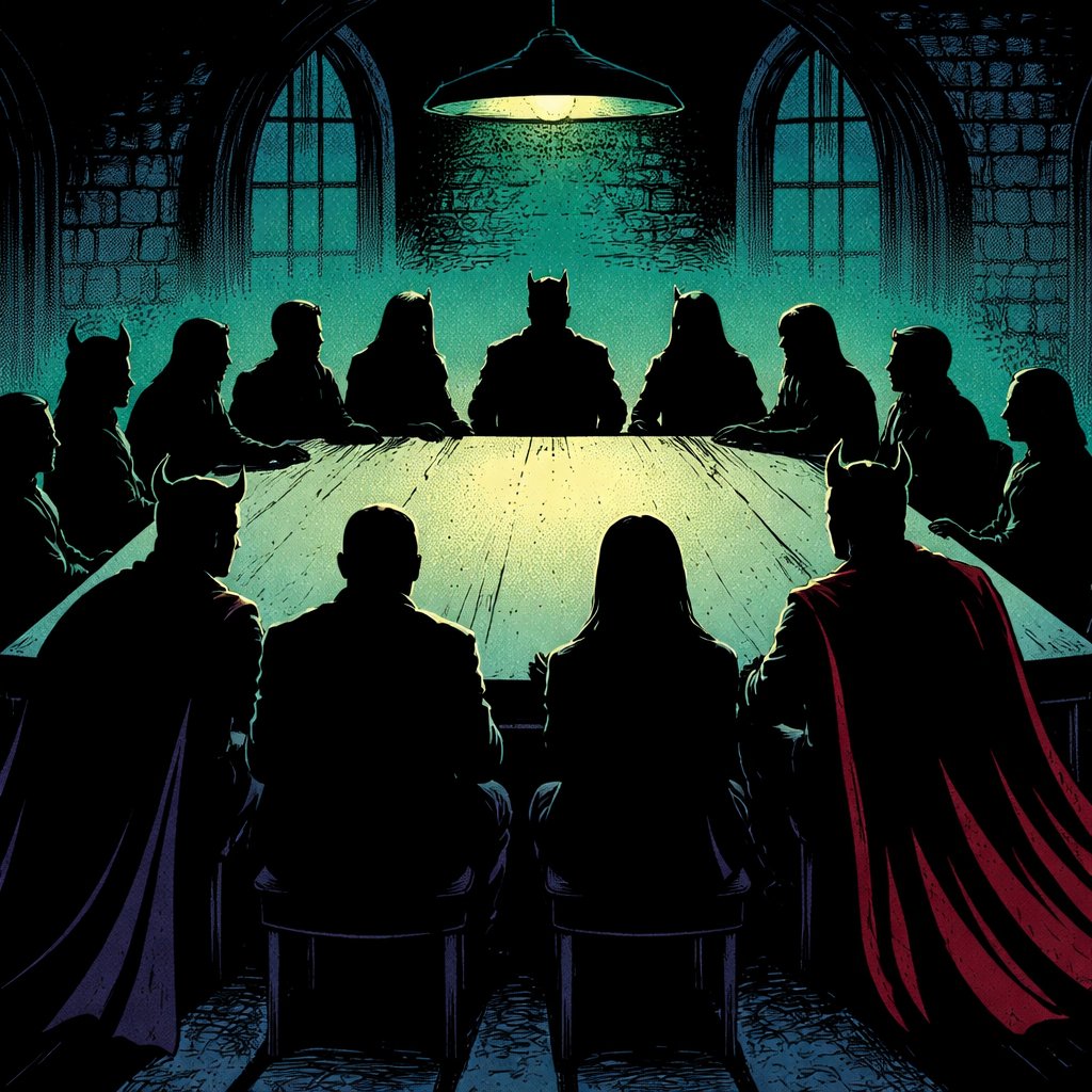 Asymmetrical design . The inside of a castle room it is very dark. We only see silhouette figures around the table. There are 12 of them. The setting is very eerie and mysterious.