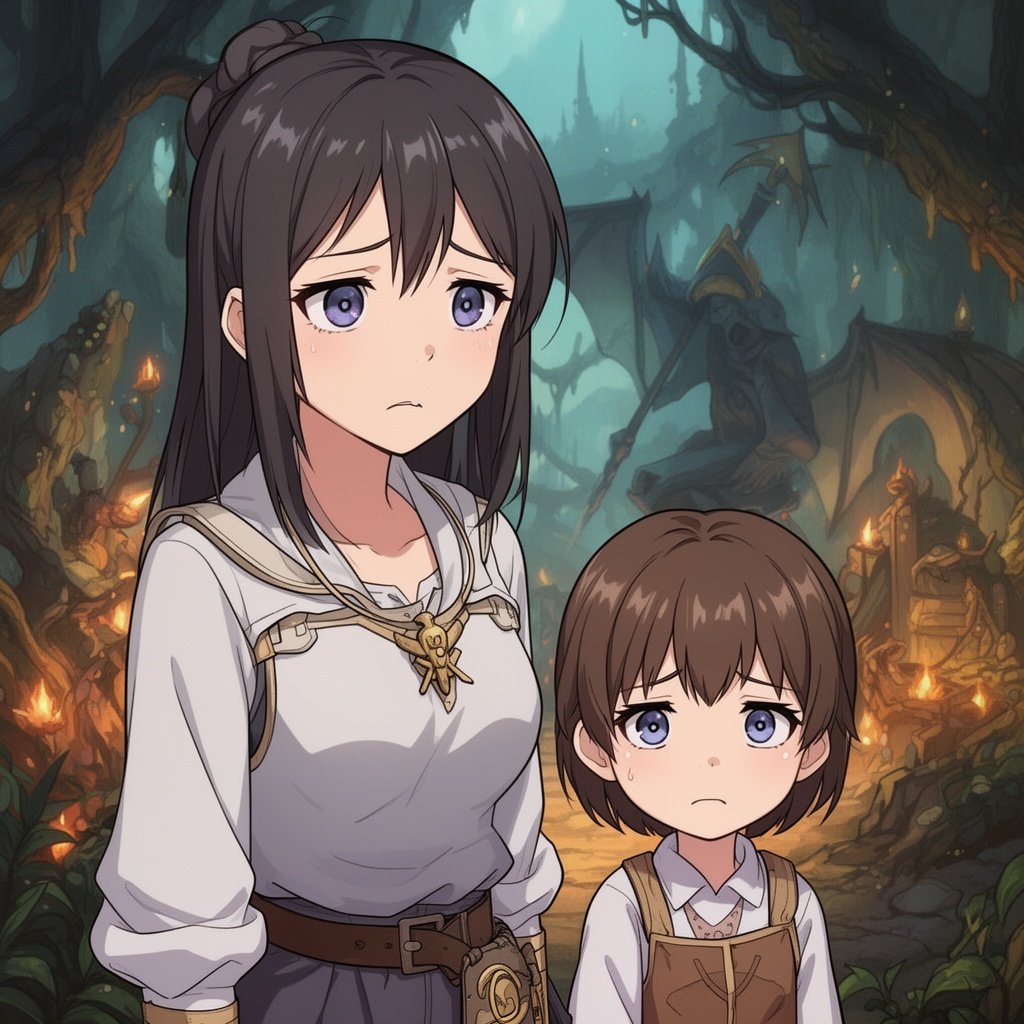 woman and her 9 year old daughter, looking sad, not crying, D&D, in the style of a manwa full color