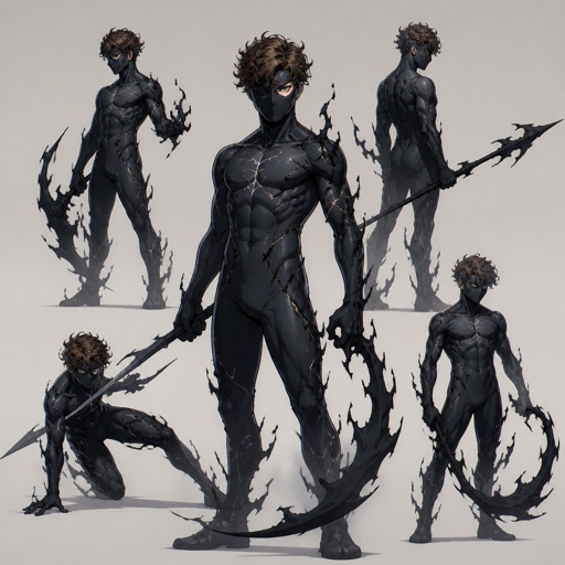 Male superhero with darkness solidification, weapons made of shadows, mask covers whole face except one eye,curly brown hair, cracks, multiple of the same character 
