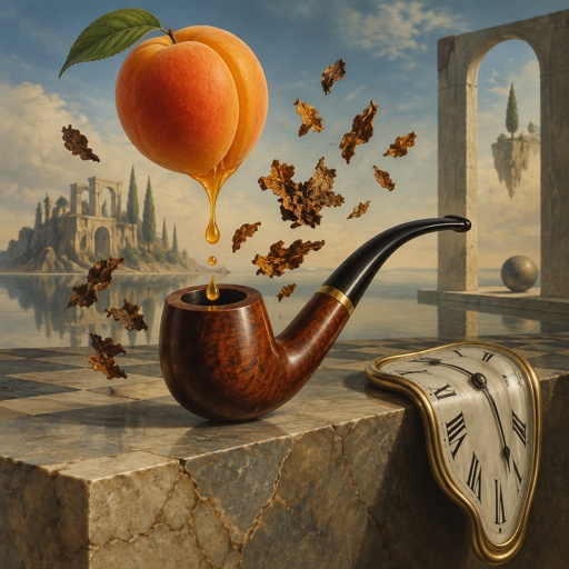 Apricot hanging above a tobacco pipe with a drop of juice about to fall into the tobacco pipe bowl and tobacco laying around 