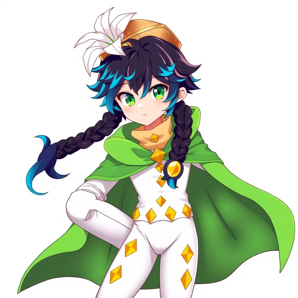 A teenage boy in the form of a bard wearing white tights with yellow diamonds on each leg, a green cape, black hair with braids and cyan coloured tips, green eyes and pale skin and a small hat with a white lily