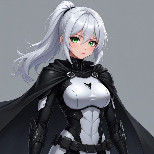 Girl. Superhero. Wearing black and white armored suit with cape. White hair tied back in a half ponytail. Large Green eyes. Short and strong build.
