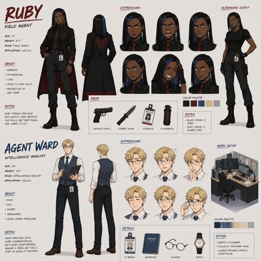 Anime style,Ruby she's dark skin with silk press hair with a streak of blue,serious,intimidating,plays by the rules makes sure she gets all the answers she needs and makes sure those she interrogators gives her all the answers,very good at interrogating the suspect,is pretty loud,staying calm is hard but she tries to be,loves tea,she doesn’t know about Wards feelings,Agent Ward,nice wave blond hair,is tallish,clean shaven,nice,no glasses,cares about partner,shy, good at his job,very organized but when a lot of work happens all at one and there’s a limited time he can get very disheveled,likes his partner but to scared to admit it,smart