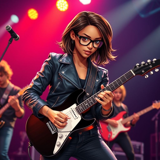 A teenage darker skinned African American woman with glasses shoulder length brown hair with highlights in a side part style wearing black leather jacket with blue accents black jeans a dark blue shirt on a stage playing a Flying V electric guitar with a band