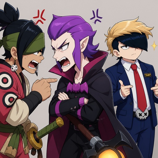 Kenji and Mortis from brawl stars arguing, Edgar from brawl stars cosplaying  as trump
