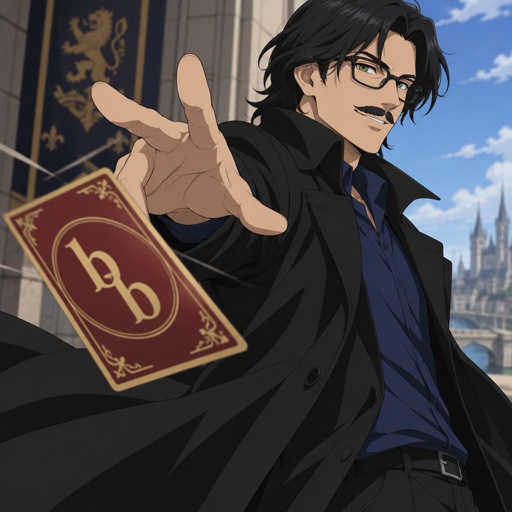 Male, green eyes, mustache, neck length black hair, neat hair, black glasses, throwing a red  and gold card that has two b’s on it , black trench coat, blue shirt, smiling, 