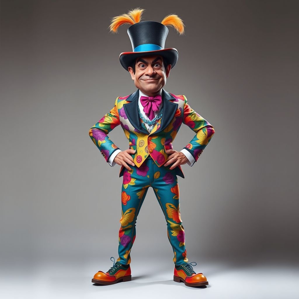 Create a funny arrogant character , showing him head to toe like his whole outfit