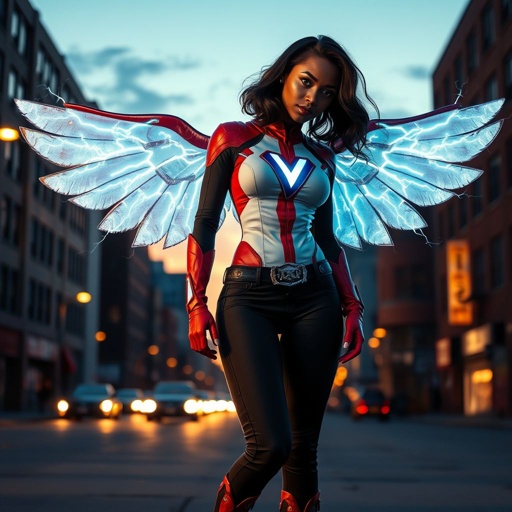 African American female superhero with shoulder length hair in a side part style and wings made of white lightning wearing a slightly homemade white red and black suit with black pants with a stylized V as her chest emblem wearing red flat boots made of gold standing in Philadelphia at dusk