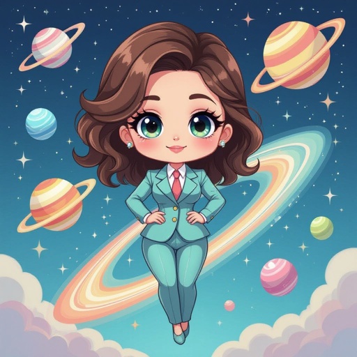 Create a chibi character mid 30’s lady who is in a suite with hands on waste