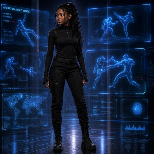A 16 year old dark girl with long dark braids ima pony tail wearing spy fit with a background of holograms that only fight. It should be a full picture 