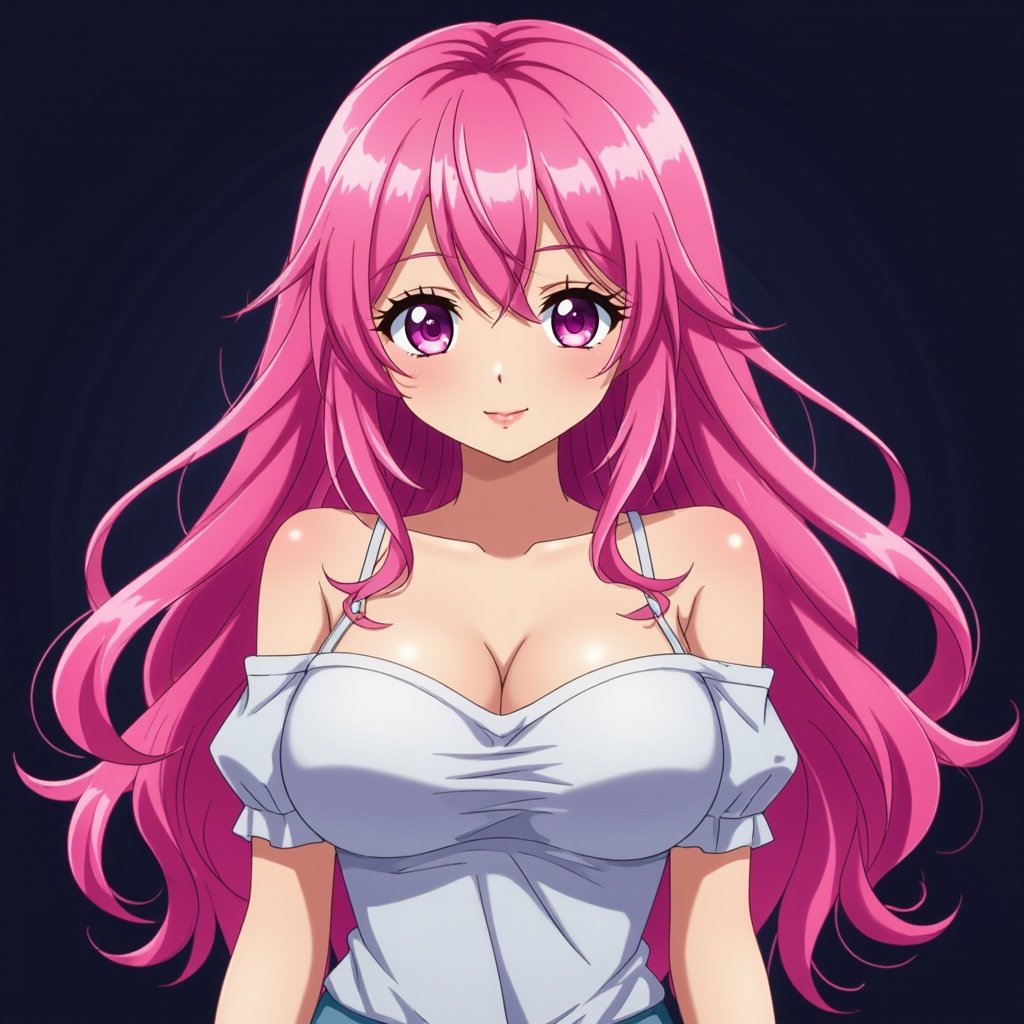 Can you create a photo of an anime girl with pink hair and a large chest