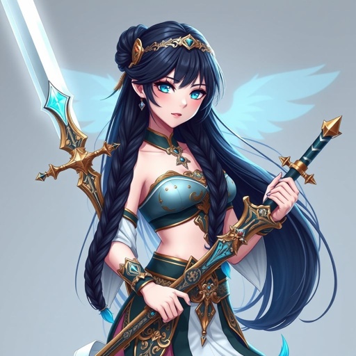 A young female with fair skin and vibrant aqua eyes. Black hair with cyan tips in the form of two braids. Wearing a royal goddess two piece outfit holding a small but legendary sword