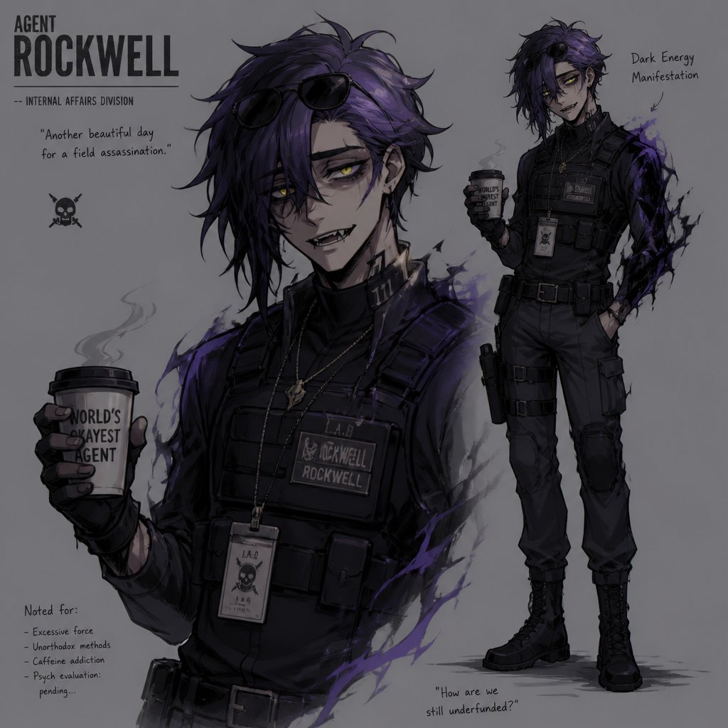 Anime Agent Rockwell poof up messy hair half side a lot longer and drooped down he has light deep purple hair with black tips,glow yellow night vision eyes,sharp teeth,sunglasses on head,made in a secret lab to be the best weapon and solver, has to be kept in check by lab facility, and they have an emergency back up incase he gets out of control,really cares about his partner but embarrassed to admit,can get shy when around her,likes making jokes, extreme dark powers from being a lab experiment,great agent the best at it,mid 20s ,tall, thin, exhausted mischievous and reckless,jokes to hide his exhaustion,coffee,hates having people tell him what to do especially about sleep,scary when angry,intimidating,partner is only one to get him to listen,not scared of him,annoyed but is also concerned about him,plays by the rules,trying to take this strange case seriously
