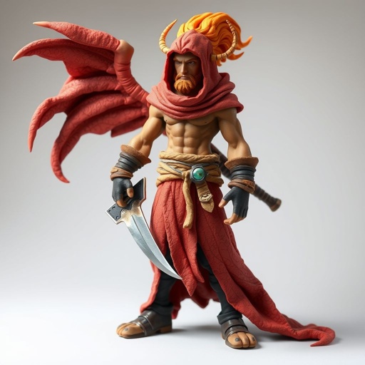 Create handsome hero  Rhen the Fire – A lean, muscular man. He wears layered, flowing desert robes dyed in warm reds and golds, with scorch marks where flames have licked them. A curved blade hangs at his hip.  Show whole body head to toe including her shoes.