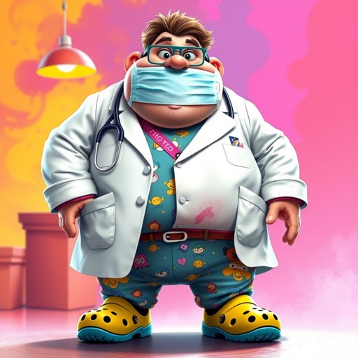 create a fat doctor. Who is funny human looking from head to toe. And he always immediately results to surgery for anything even small things. So please be sure to show his whole outfit head to toe. Make him have 1 tooth