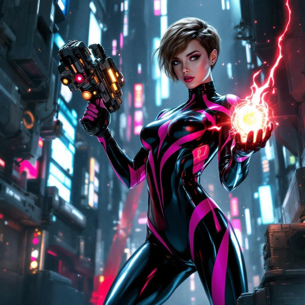 Full Body Mass Effect Babe wielding an Omni tool synthweave and Organza black and pink tight spy catsuit light brown hair pixie Bob cut