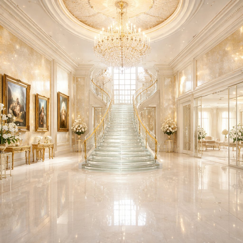 A huge room and has white floors and has gold and silver specks on the wall. Everything is clean and shiny. In the center of the room are stairs. The steps of the stairs are made from glass. Up in the ceiling is a big chandelier. To the left of the room is a room where you can see paintings of people and landscape paintings. To the right you can see a big open room behind glass doors that looks to be wide.