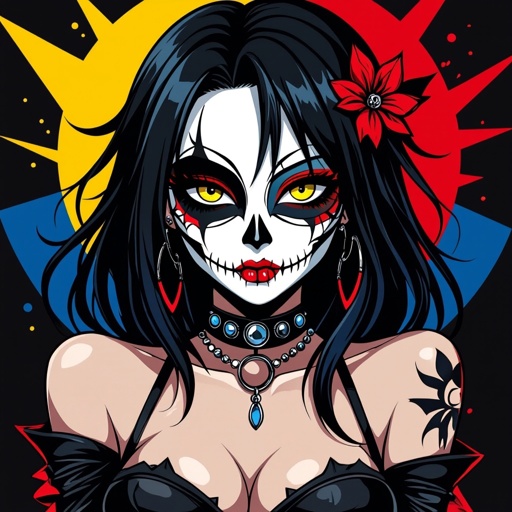 Rockstar girl with skull mask thats whits half way off black suductive eyes and a yellow red and blue theme