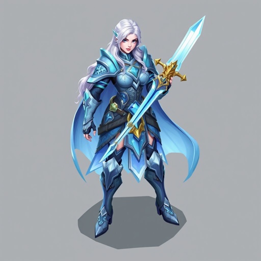 Create a battle woman hero called Alvara the Frostheart. Show full body head to toe including shoes