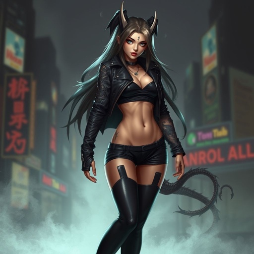 Mafia girl with a dragon tattoo on arm with black leather jacket and shorts and black thigh heels