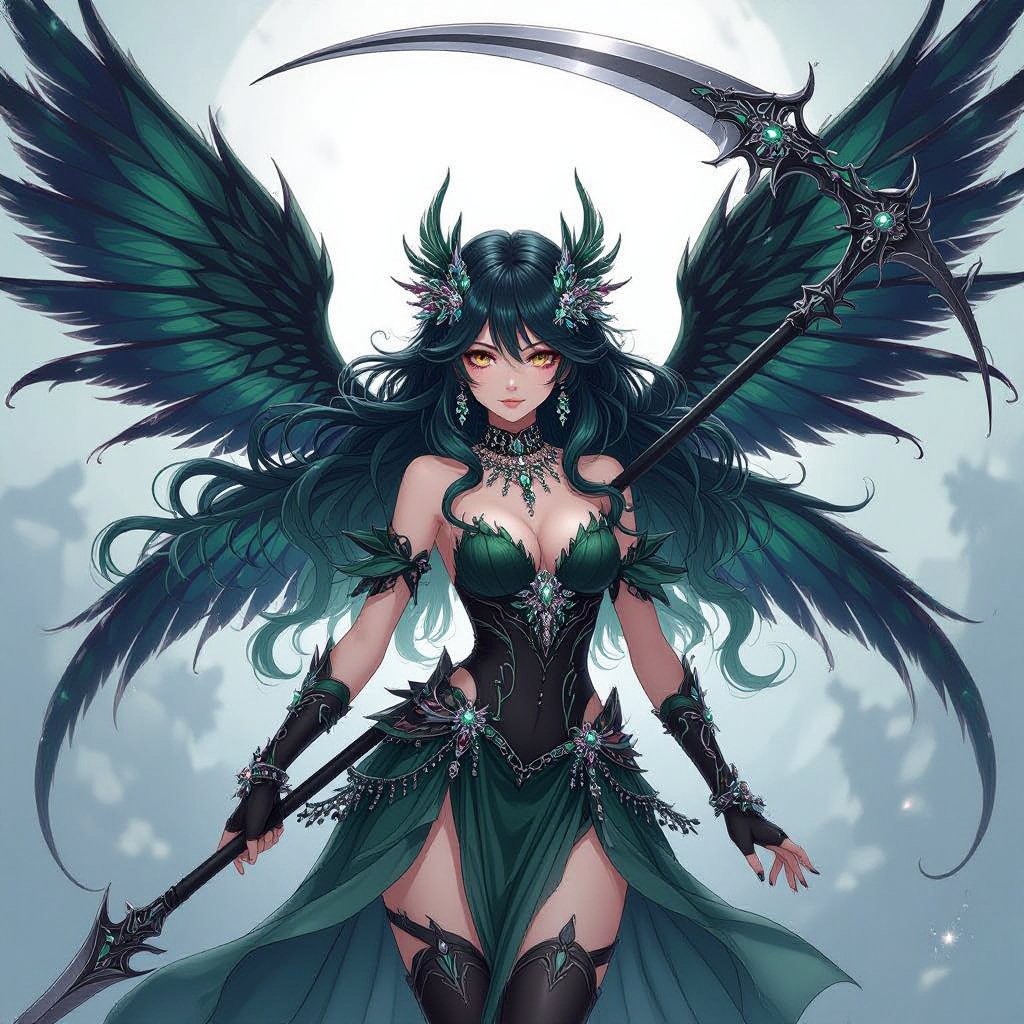 Dark fairy with big wings, wavy hair with green highlights, lots of jewelry, holding scythe
