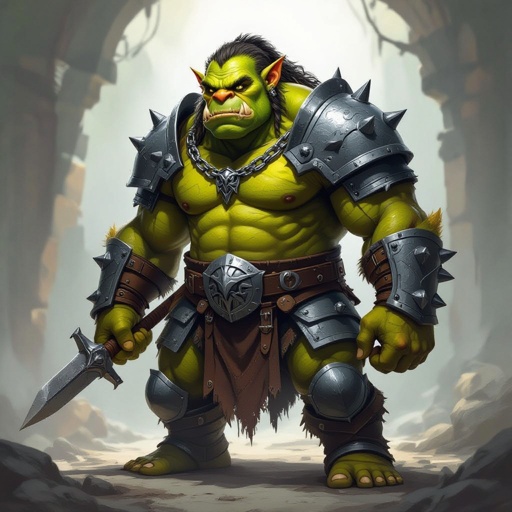 ogre with heavy chain mail armor, yellow skin
