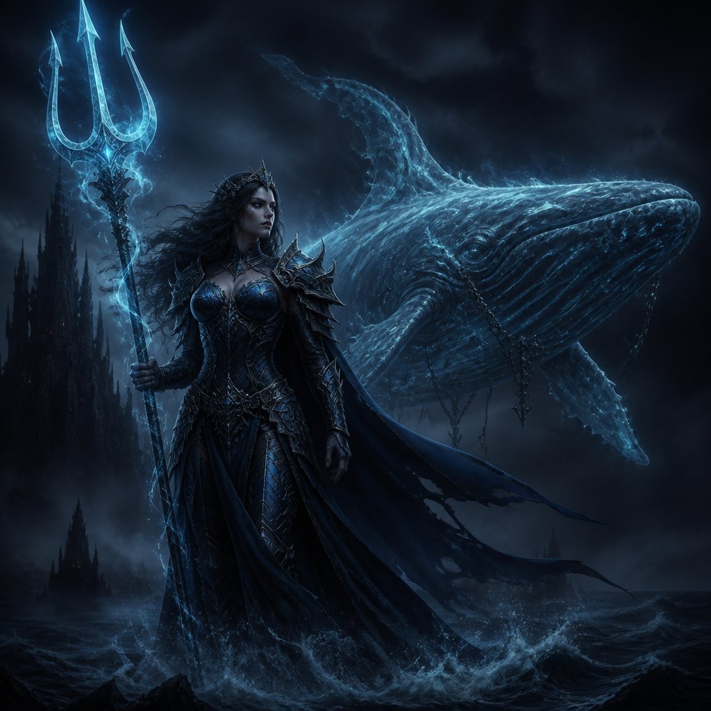 female warrior based on neptune, spirit whale companion