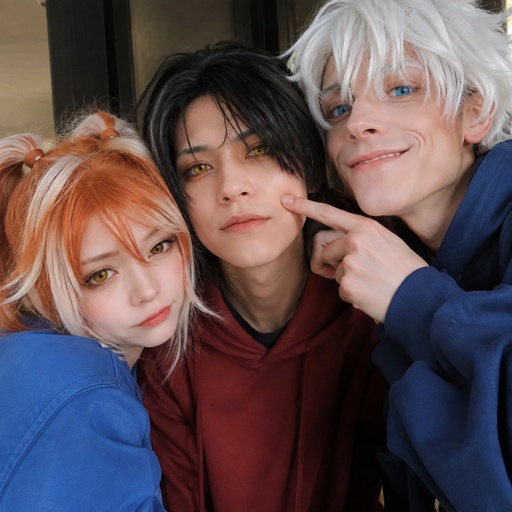 Female, yellow eyes, orange and white messy pigtails, short, wears blue, one droopy eyelid, Male, Asian, neck length black hair, yellow eyes, eyeliner, wears red casual clothes, small mouth, Male, fluffy white hair, big blue eyes, long smile, snobby, wears blue, messing with them