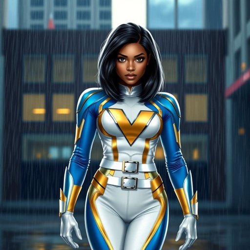 A teenage African American female superhero with hair in a shoulder length side part style wearing a white and Gold suit with blue accents and a stylized V as her chest emblem a utility belt and silver boots standing in Philadelphia during a rain storm 