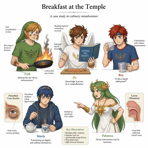 Super smash brothers link from legend of Zelda, pit from kid Icarus, Marth from fire emblem,Roy from fire emblem, there trying to make breakfast Roy looking at the measuring cups saying "which one do I use?" link holding pan that's on fire, pit trying to read the cookbook but it's upside down and holding a knife near a cutting board,Marth making himself some tea with a tired face expression think “why did I get up”, Palutena comes into the kitchen and yells "what are you guys doing!" All in casual clothes