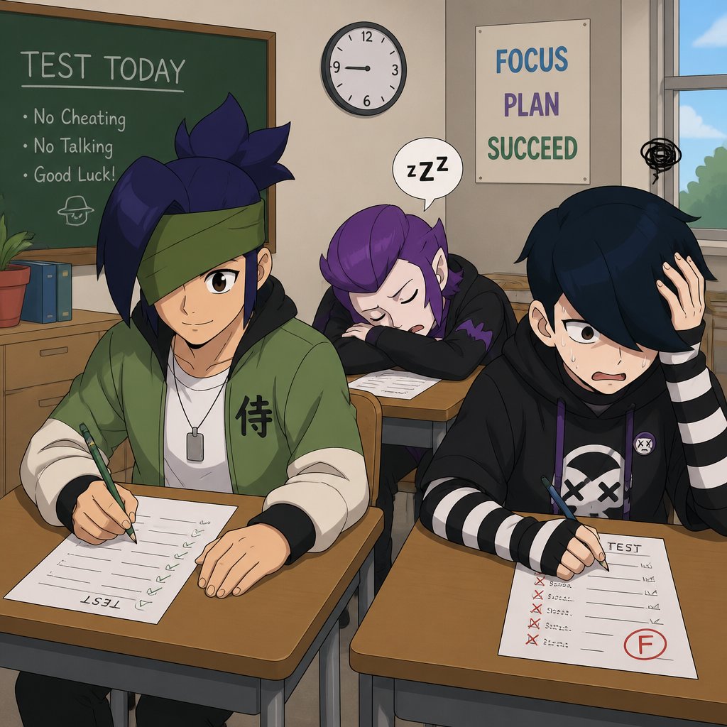 Kenji, Mortis and Edgar from brawl stars wearing modern clothes, in school, taking a test, kenji is getting the answers right, Edgar is losing, , Mortis is sleeping