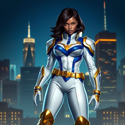 African American female superhero with hair  in a shoulder length side part hairstyle with pure Gold Glowing eyes wearing  slightly armored white suit with gold and royal blue  with white pants and gold knee length boots with a utility belt with a gold V  as her chest emblem in Philadelphia 