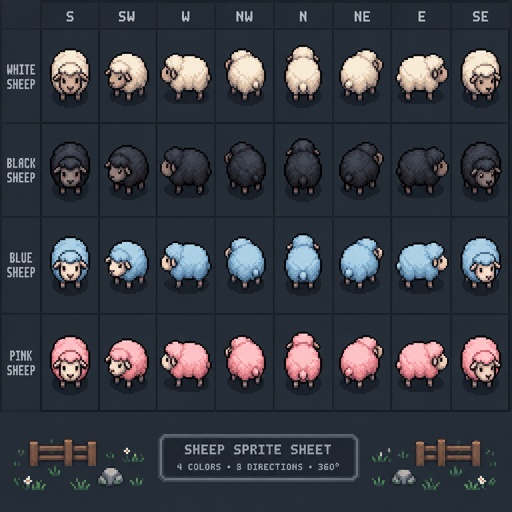 Sheep for a fantasy game set in modern times, top-down style, 360, different colors