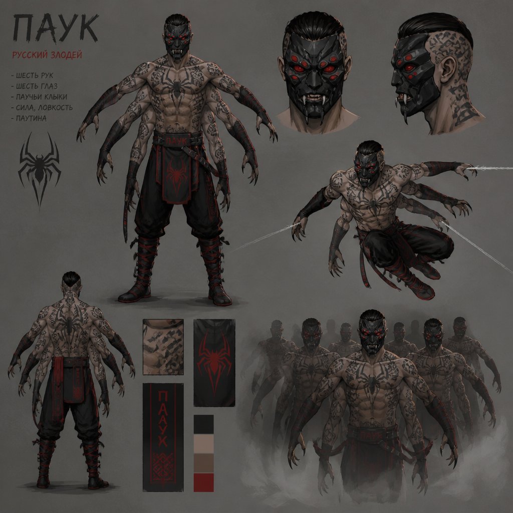 Male Villian with spider powers, six arms, six eyes, spider fangs, mask, Russian, tattoos, cheekbones, multiple of the same character