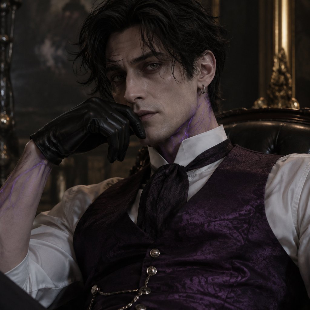 Male, slim, slight eye bags, black messy hair, back hair, brushed side hair, strands of hair in the middle of forehead, ear piercing ring, gloves, purple glowing veins, purple vest, white shirt, no facial hair, bad guy, mid 30s