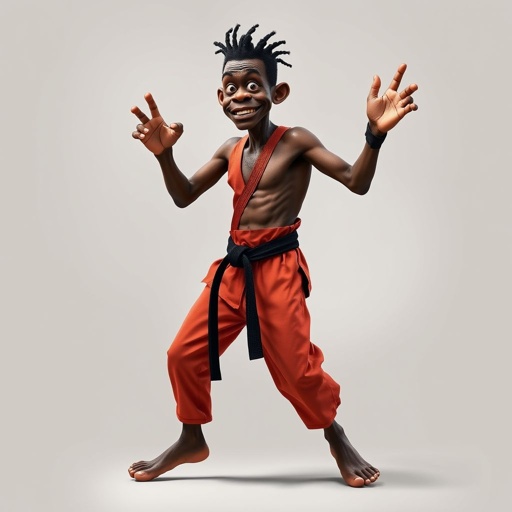 Create a character who looks like a funny African karate guy who doesn’t have a clue what he is doing. Make him have weird toes, only speedos on and a black karate belt. Make him tal skinny and slinky.