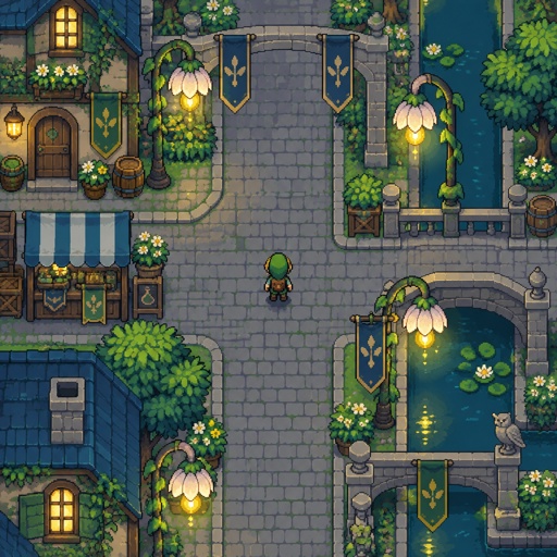 Fairy lanterns hanging flowers that function like natural streetlights for a fantasy game set in modern times, top down style