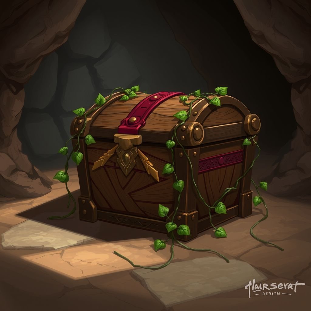 Closed elegant wooden treasure chest with red banding sitting on cave floor by itself