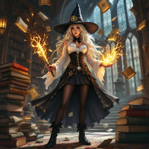 A full-body semi-realistic fantasy illustration of Mythanna Junedae, a High Elf Wizard of Abjuration, standing in a grand enchanted library as if preparing for battle. Towering shelves and glowing lanterns line the hall, but tomes and scrolls now float wildly around her in midair. 

Mythanna’s stance is strong and commanding: legs planted apart, stockings and shin-high rune-stitched boots clearly visible. She holds her glowing Wand of Magic Missiles raised in one hand, and her other hand traces a circle of luminous abjuration runes in the air. Wards flare around her in golden light, forming protective circles and glowing shields. 

Her appearance: 
- Face and hair inspired by Barbara Palvin — soft but determined, brunette brunette brunette waves flowing with magical wind. 
- White blouse with long sleeves, dramatic black bow tie, snug rune-stitched corset band. 
- High-waisted skirt with bold black-and-white polka dots, sleek and fitted, cut mid-thigh. 
- Dark stockings stopping just below the hem, leaving a teasing strip of bare thigh visible. 
- Shin-high rune-stitched boots. 

Signature items: 
- **Hat of Wizardry** — tall, tilted, subtly patterned with arcane polka-dots, glowing runes swirling around it. 
- **Pearl of Power** — glowing jewel at her throat beneath the bow tie. 
- **Wand of Magic Missiles** — held aloft in one hand, glowing brightly as arcane missiles orbit it. 

Her expression is no longer coy but fierce, her abjurist power on full display. The mood is dramatic fantasy: playful parody aesthetic still intact, but with genuine magical authority radiating through the glowing wards and floating tomes.


